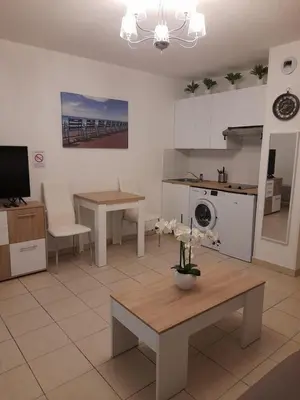 a living room with a table and a kitchen at Sunny studio with Terrace in Nice