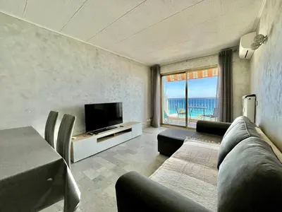 a living room with a couch and a television at Spacious 2P Terrace with sea view in Nice