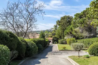 a walkway through a garden with bushes and trees at Magnifique villa avec vue mer panoramique in Nice