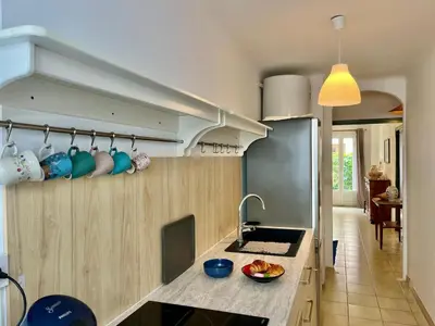 a kitchen with a sink and a counter top at Les Bleuets in Cagnes-sur-Mer