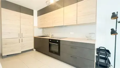 a kitchen with wooden cabinets and a black oven at nice two rooms in Nice