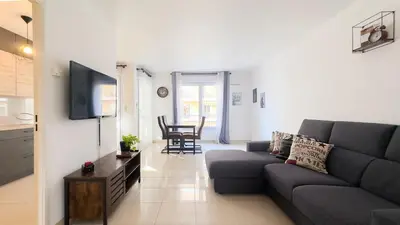 a living room with a couch and a television at nice two rooms in Nice