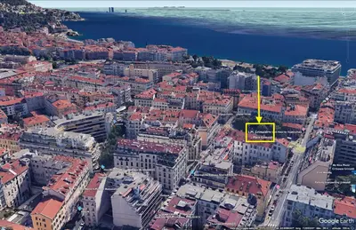 an aerial view of a city with a yellow rectangle at New! Remodeled Appartement in the Heart of Nice, Beach 3 min, 2BR, AC, Elevator, Amazing little terrace, Best Location! in Nice