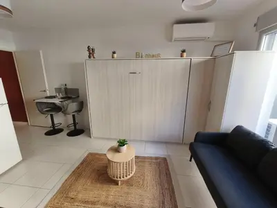 a living room with a couch and a table at Studio calme et paisible, climatisé avec terrasse au dernier étage, 100m du tramway et 20 min de la promenade des anglais in Nice