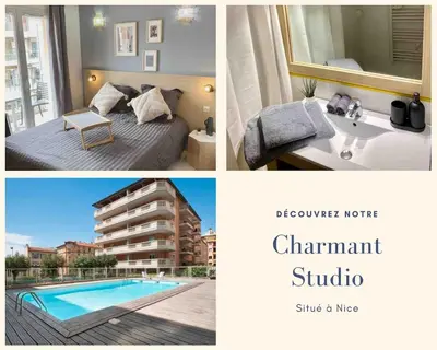 a collage of pictures of a bedroom and a swimming pool at Charming studio with swimming pool in Nice