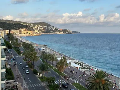 a view of a beach and the ocean at Studio et ses deux piscines in Nice
