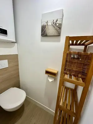 a bathroom with a toilet and a picture on the wall at Appartement Zephyr - à 1 minute de la plage in Cagnes-sur-Mer