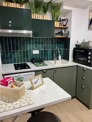 a kitchen with green tiled walls and a counter at Appartement Zephyr - à 1 minute de la plage in Cagnes-sur-Mer