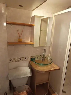 a bathroom with a sink and a toilet and a mirror at Calme, confortable et bien placé in Nice