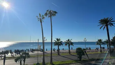 a group of people walking on a beach with palm trees at Carre d Or Face a la Mer in Nice
