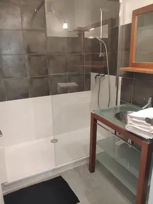 a bathroom with a glass shower with a sink at 3 pièces 67m2 centre ville très lumineux et calme in Nice