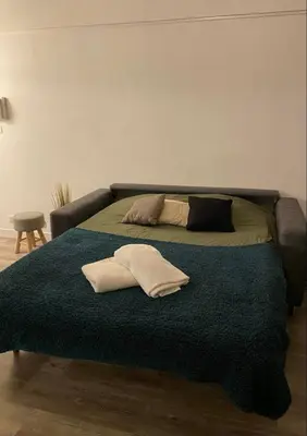 a bed with two pillows on it in a room at Nice centre studio rénové avec emplacement central in Nice