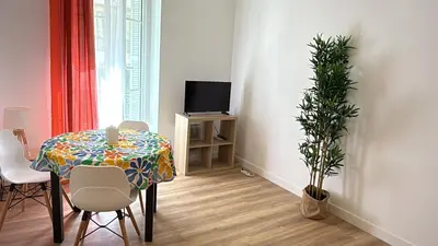 a dining room with a table and a tv at Villa Amira Angely Vauban in Nice