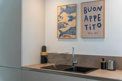 a kitchen with a sink and two posters on the wall at Charme et confort - centre ville de Nice in Nice
