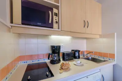 a kitchen with a sink and a microwave at Résidence Héliotel Marine in Saint-Laurent-du-Var