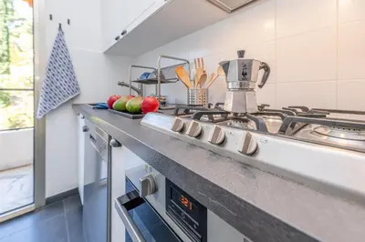 a kitchen with a stove with apples on a counter at La Casa Azzura in Nice