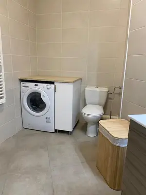 a bathroom with a washing machine and a toilet at Nice virgil Barel in Nice