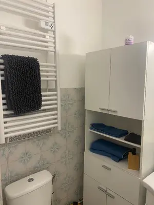 a bathroom with a toilet and a white cabinet at Studio 29 Nice Magnan in Nice