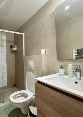 a bathroom with a toilet and a sink and a mirror at Nice Signature Delille in Nice
