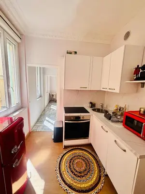 a kitchen with white cabinets and a rug on the floor at Centre ville-vieille ville-promenade des Anglais in Nice