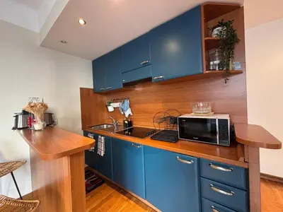 a kitchen with blue cabinets and a microwave at Nice Signature Halévy in Nice