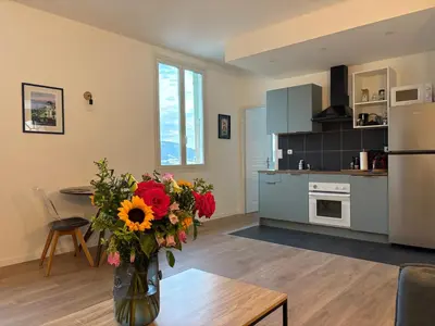 a kitchen with a vase of flowers on a table at Magnifique 2 pièces in Nice