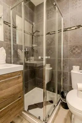 a bathroom with a shower and a toilet at Nice Magnan studio avec jardin proche des plages in Nice