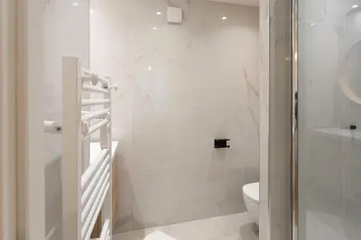 a white bathroom with a shower and a toilet at #45 Quiet chic 5mins walk to port and beach AC Wifi in Villefranche-sur-Mer