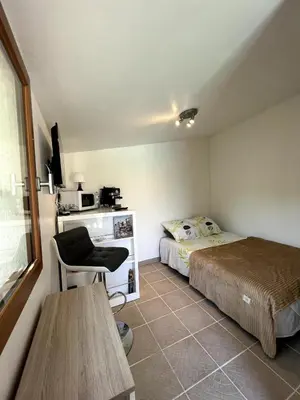 a bedroom with a bed and a desk and a chair at Cabana 12 m2 in Nice