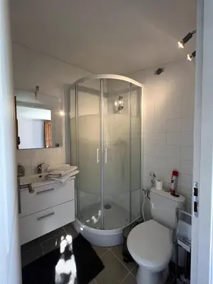 a bathroom with a shower and a toilet and a sink at Cabana 12 m2 in Nice