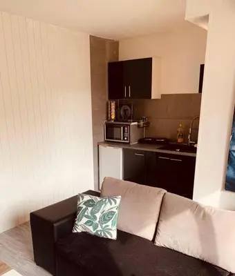 a living room with a couch and a kitchen at Fully-equipped 2-bedroom apartment in Nice