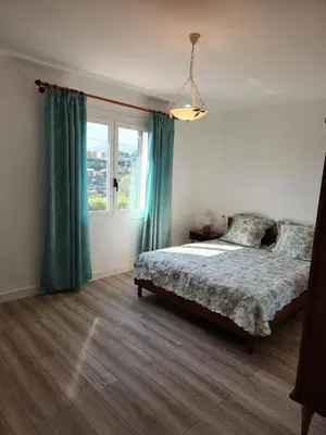 a bedroom with a bed with green curtains and a window at Superbe appartement vue mer in Cagnes-sur-Mer