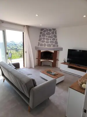 a living room with a couch and a fireplace at Superbe appartement vue mer in Cagnes-sur-Mer