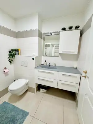 a white bathroom with a toilet and a sink at Chic & cosy proche mer in Nice