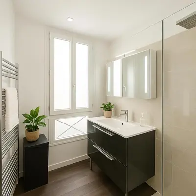 a white bathroom with a sink and a window at Splendide appartement design plein centre nice climatisé - 3 chambres in Nice
