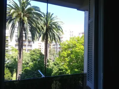 a view of palm trees from a window at Apartment Palais de Coppet in Nice