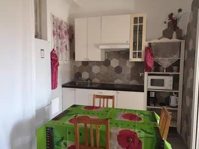 a kitchen with a table with a green table cloth at Apartment Palais de Coppet in Nice
