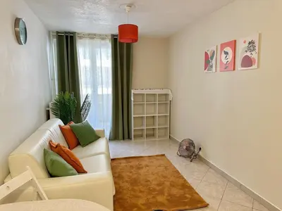 a living room with a white couch and a rug at Studio Riviera - balcon et Wifi in Nice