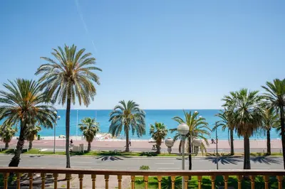 a view of a beach with palm trees and the ocean at Palais D'orient in Nice