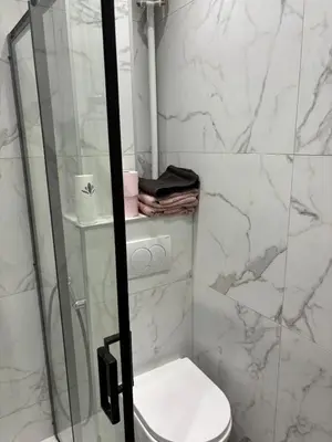 a bathroom with a toilet and a glass shower door at Beautiful and super central in Nice