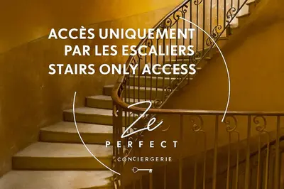an image of a staircase with the words accessuation par less excellence stairs only access at Ze Perfect Place - Authentique & Calme - 1 CHB in Nice
