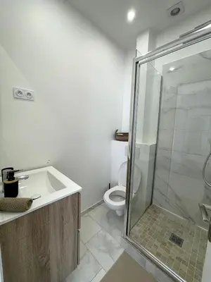 a bathroom with a shower and a sink and a toilet at Studio proche mer, avec terrasse et parking in Nice