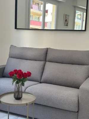 a couch with a vase with red roses on a table at Studio Proche Tram accès Centre Ville Plage in Nice