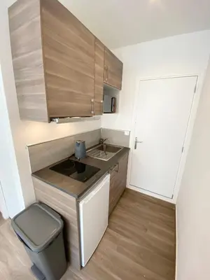 a small kitchen with a sink and wooden cabinets at Studio calme et central avec clim in Nice