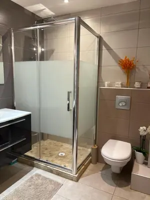 a bathroom with a shower with a toilet and a sink at Elegant Apartment Terrace Port of Nice in Nice