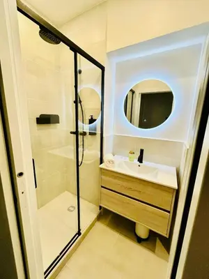 a bathroom with a sink and a shower at Charming accommodation in Port de Nice in Nice