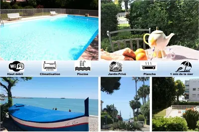 a collage of four pictures of a swimming pool at Rez de jardin en bord de mer in Cagnes-sur-Mer