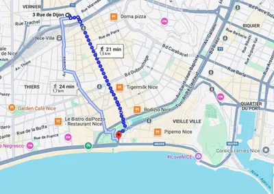 a map of the walkway around the city at Cosy appartement gare du sud - Nice - 3 guests in Nice