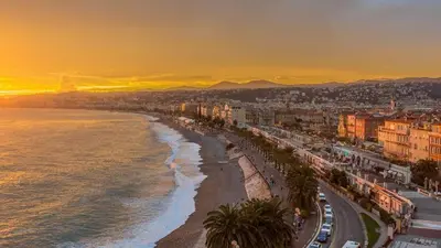 an aerial view of a beach at sunset at ⁂ Studio Vieux-Nice climatisé: charme commodités in Nice