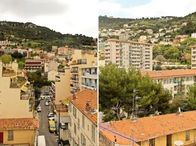 two pictures of a city with buildings and a street at Studio climatisé au calme, terrasse vue colline in Nice
